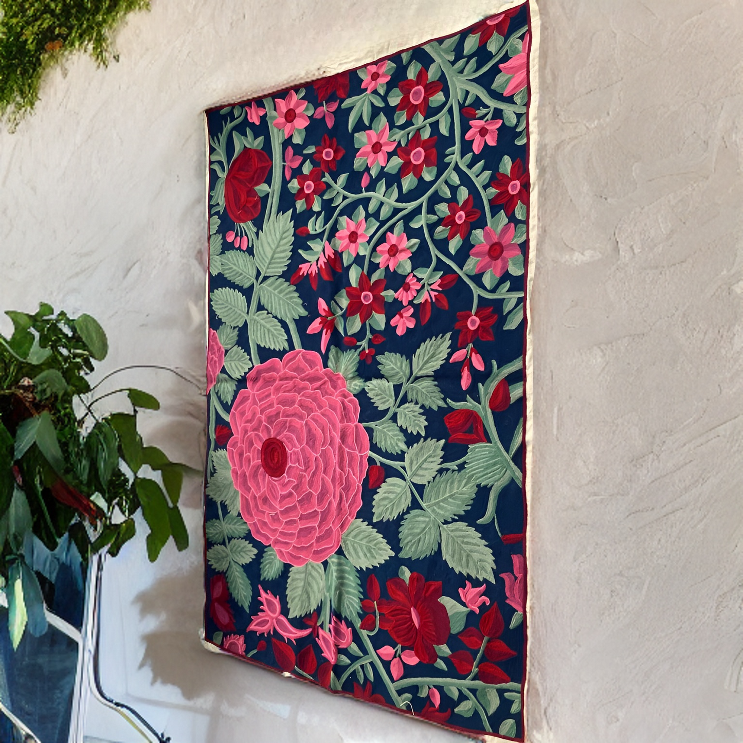 Blue Blossom Chainstitch Embroidered Rug