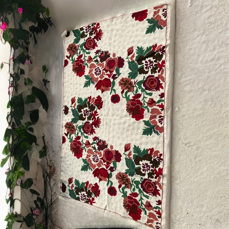 Drifted Blossom Maroon Chainstitch Embroidered Rug