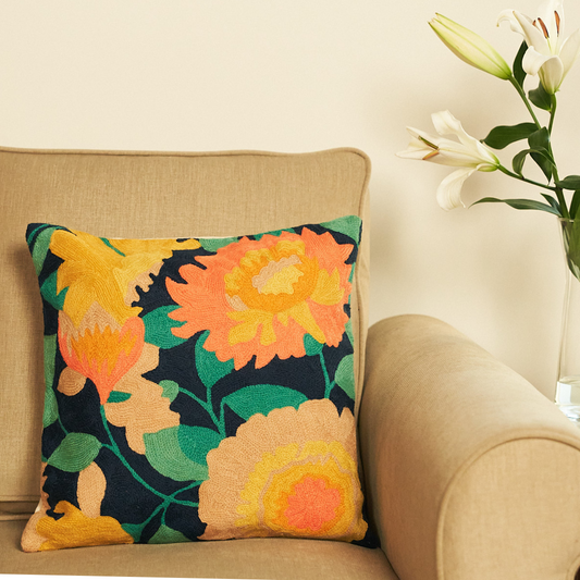 Midnight Blue Peachy Floral Cushion Cover